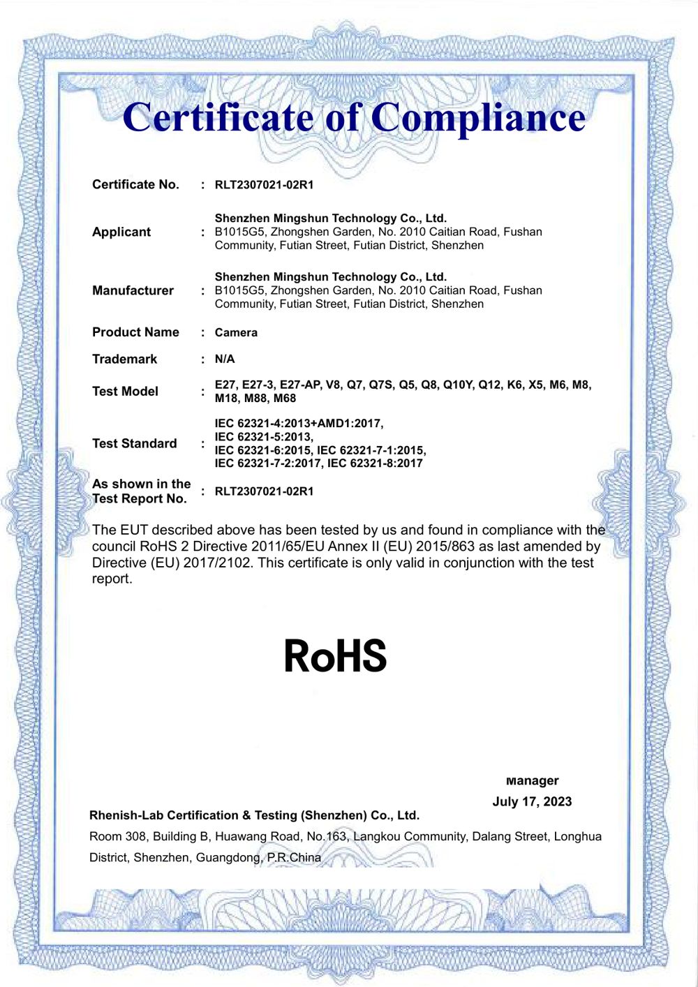 Certificate of Compliance (RoHS) RLT2307021-02R1 issued by Rhenish-Lab Certification & Testing (Shenzhen) Co., Ltd., covering E27, E27-3, E27-AP, V8, Q7, Q7S, Q5, Q8, Q10Y, Q12, K6, X5, M6, M8, M18, M88, M68